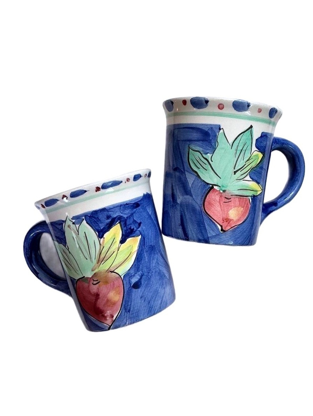 Pair Gibson Hand-Painted Ceramic Coffee Mugs Blue Background & Beet Design